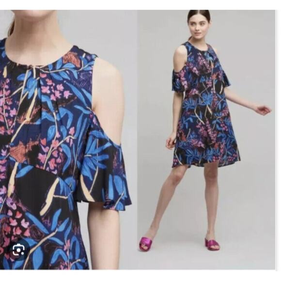 Anthropologie Maeve Womens Elia Dress Open Shoulder Floral Print Blue Pink 6 - Picture 2 of 15